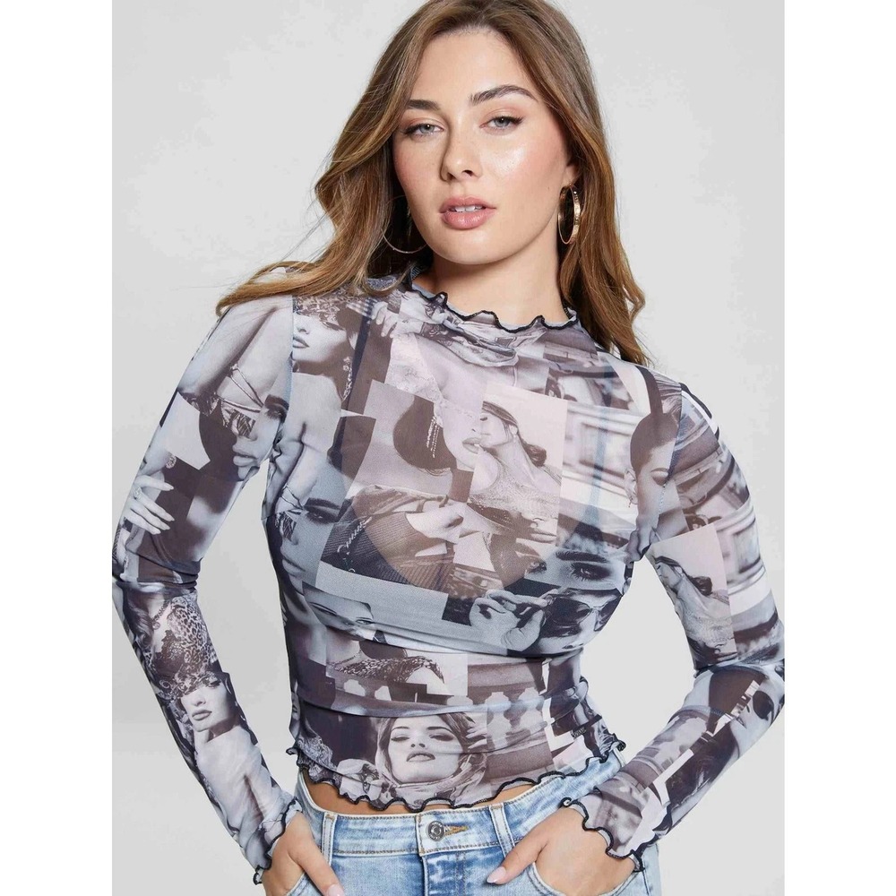 GUESS Adriana Iconic‎ Collage Photo Print Mesh Long Slv Sheer Top Sz M